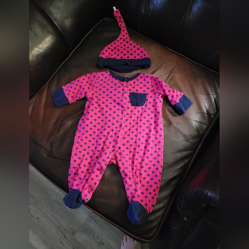 Offspring Pink Polka Dot One Piece + Hat Sz 3 M